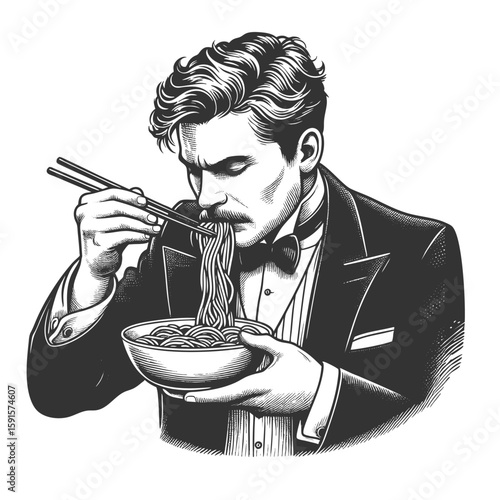 Funny wide-eyed Victorian man exaggeratedly slurping noodles from bowl with a stunned expression sketch engraving generative ai fictional character vector illustration. Scratch board. Black and white.