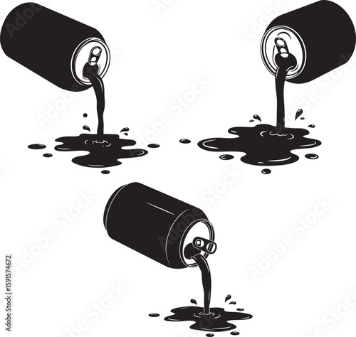 Three black soda cans pouring liquid in silhouette