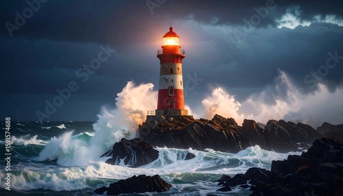 Dramatic lighthouse amidst stormy ocean
