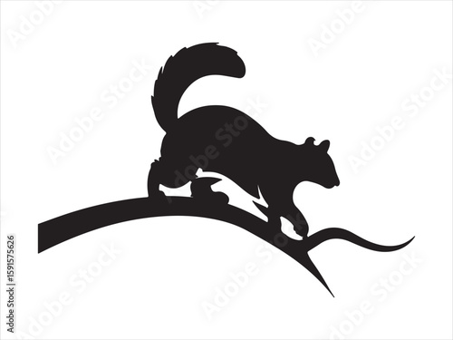 Silhouette of a squirrel climbing on a branch against a white background