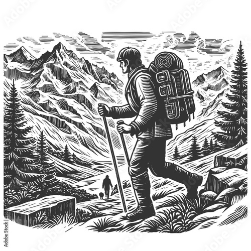 backpacker hiking with walking sticks in a mountainous landscape surrounded by trees and nature sketch engraving generative ai fictional character vector illustration. Scratch board. Black and white.