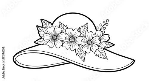 Delightful Spring Hat with Flowers Adult Coloring Page Seasonal Relaxation Art