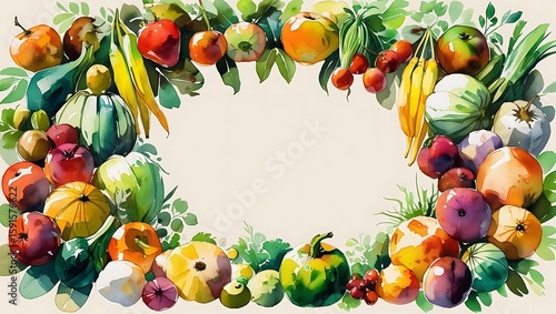 Vibrant watercolor wreath of fresh fruits and vegetables in a circle
