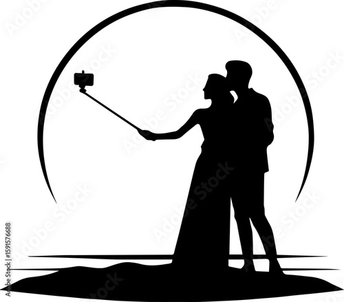 Selfie stick couple. Couple taking selfie together at sunset on the beach  
