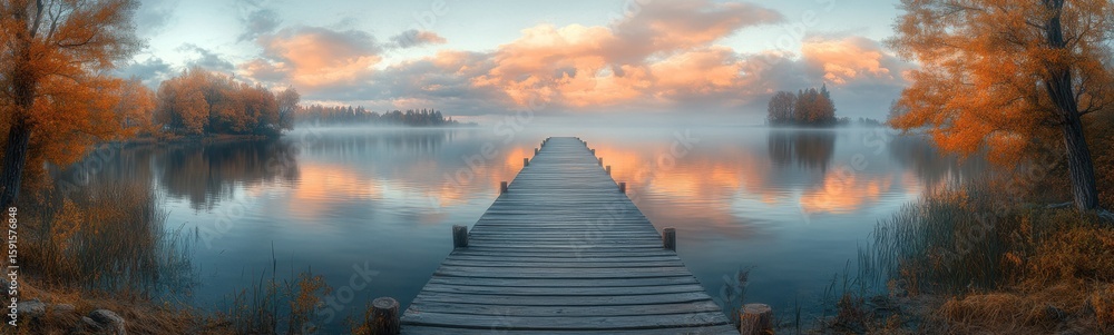 Obraz premium Wooden pier in the middle of a lake with trees in the background banner copy space