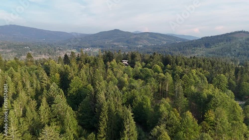 Flight over Bavarian Forest National Park Falkenstein with mountain panorama towards Observation tower, Germany