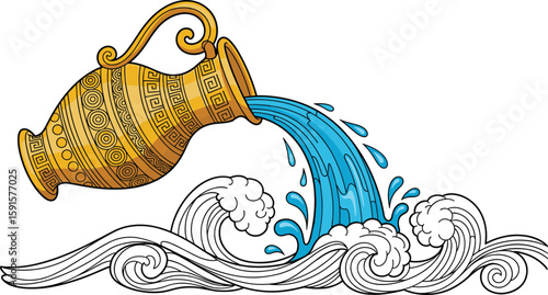 Ancient golden water jug pouring blue waves, Greek pottery design, decorative swirl sea pattern, mythological ocean illustration, vector art