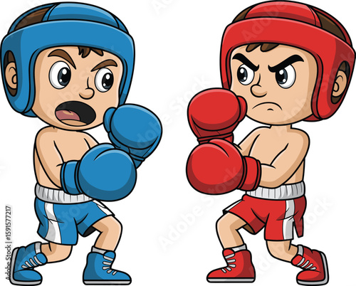 Cartoon boxing kids in blue and red gloves, sports competition, martial arts training, fighting match, children athletes, vector illustration