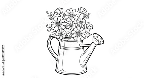 Charming Watering Can with Flowers Spring Adult Coloring Page Garden Relaxation