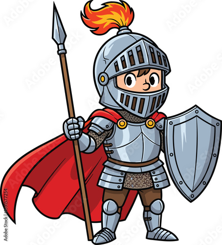 Brave cartoon knight boy in shining armor holding spear and shield, medieval fantasy warrior, red cape, heroic character illustration
