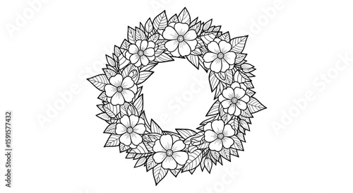 Wreath of Spring Flowers Coloring Page for Adults Decorative Floral Art
