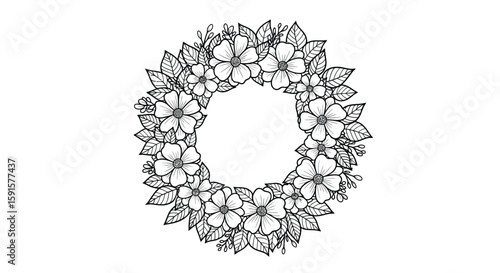 Vibrant Wreath of Spring Flowers Adult Coloring Page Seasonal Celebration Art