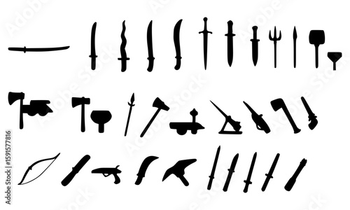 Diverse Silhouettes of Weapons Swords, Axes, and Bows for Historical or Fantasy Designs