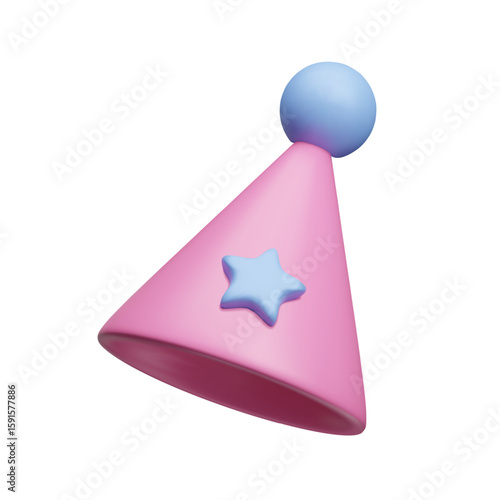 Pink and blue party hat with star decoration and pom pom ball 3D style vector icon. Boy or girl gender reveal party hat, baby shower birthday party cone cap 3D vector render.