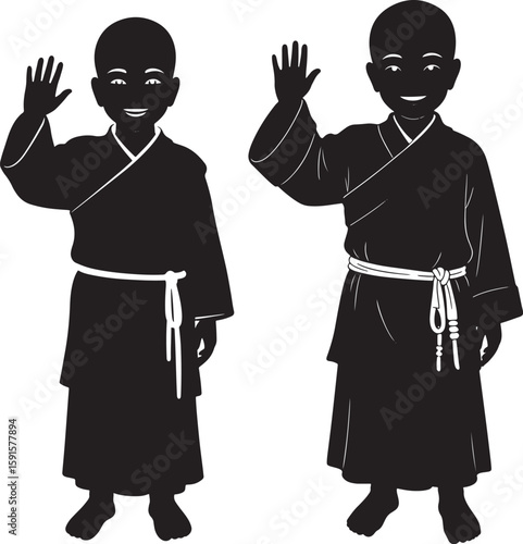 Two young buddhist monks waving hello silhouette