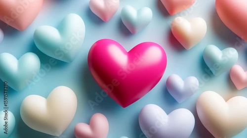 Colorful heart shapes with prominent pink heart in center create soft romantic atmosphere on light blue pastel background evoking feelings of love warmth and dreamy tender emotions