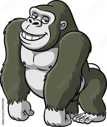 Cool cartoon gorilla smiling, strong jungle animal character, funny confident ape illustration, wild zoo mascot drawing, cute primate art