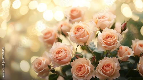 Soft peach rose flower bouquet with green leaves bloom beautifully in garden, soft petals glowing warmly under romantic bokeh light creating peaceful and dreamy atmosphere