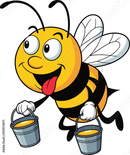 PrintCute cartoon bee carrying honey buckets, funny flying insect illustration, vector art, smiling bee character, children design, honey mascot