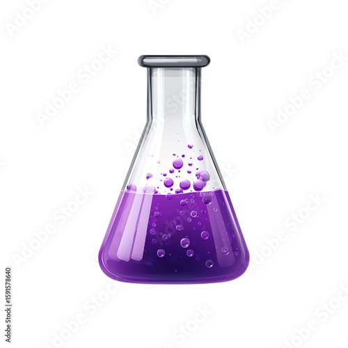 Beaker icon with bubbling purple fluid. Isolated white background. Png format