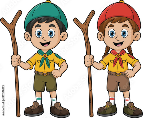 Cute cartoon boy and girl scouts wearing hats, holding walking sticks, yellow uniforms, outdoor camping adventure kids illustration design