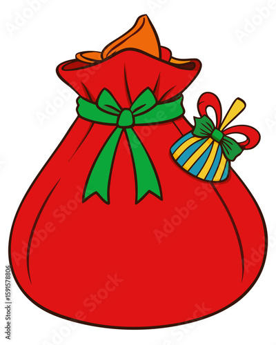 Festive red gift sack tied with a ribbon, designed for holiday greeting cards and celebrations, perfect for Christmas and seasonal design elements.