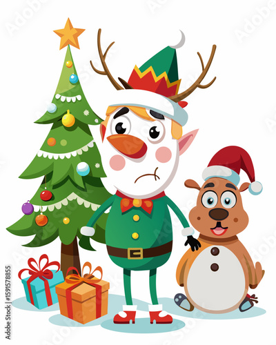 Holiday character design features an elf wearing reindeer antlers with a Christmas tree and gifts, alongside an adorable reindeer pal.