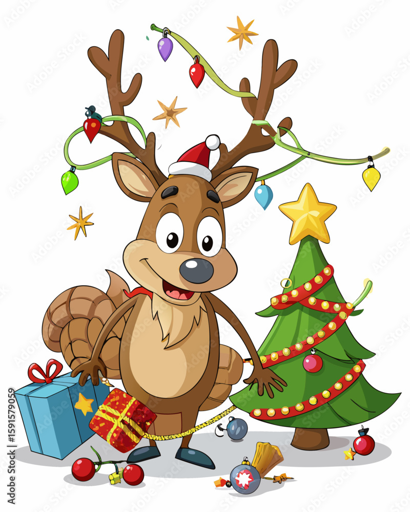 Naklejka premium Cheerful cartoon reindeer celebrates Christmas with a decorated tree, presents, and festive holiday lights adorning its antlers.