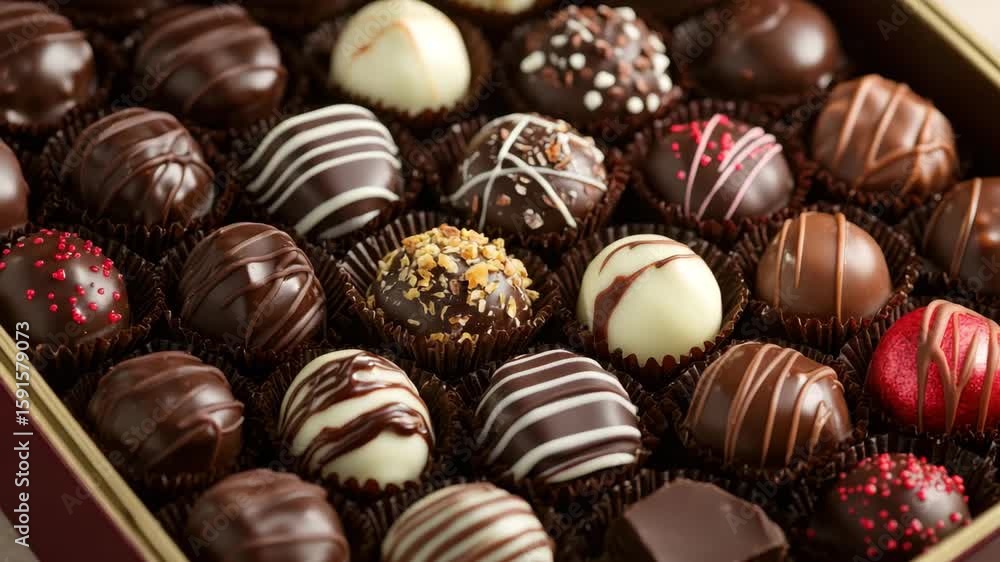 Chocolate truffle box assortment featuring dark, milk, and white confectionery with various toppings, drizzles, nuts, and sprinkles, perfect sweet dessert gift or indulgent treat Chocolate truffle box assortment featuring dark, milk, and white confectionery with various toppings, drizzles, nuts, and sprinkles, perfect sweet dessert gift or indulgent treat