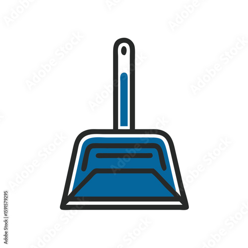 Dustpan with blue handle and flat scoop for cleaning debris  