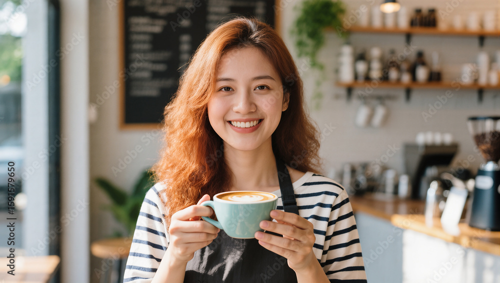 A radiant barista presents a freshly crafted coffee in a charming cafe setting, filled with the aromas of freshly roasted beans and the warmth of welcoming hospitality. A radiant barista presents a freshly crafted coffee in a charming cafe setting, filled with the aromas of freshly roasted beans and the warmth of welcoming hospitality.