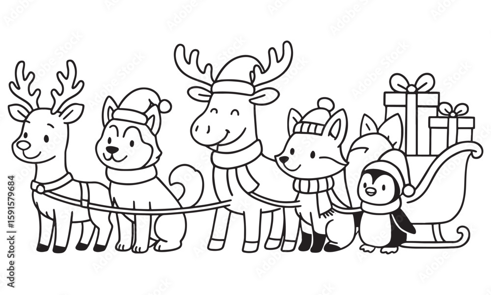 Festive animals pulling a sleigh with gifts christmas holiday coloring page Festive animals pulling a sleigh with gifts christmas holiday coloring page
