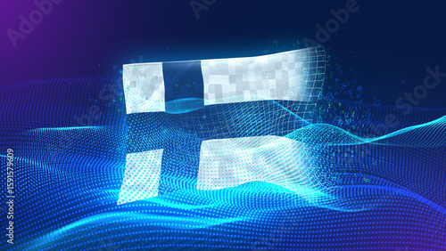 finland A futuristic digital background merging with a national flag symbol, representing the concept of technology, innovation, and digital transformation while preserving cultural identity.