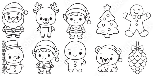 Festive holiday characters and ornaments Santa Claus reindeer coloring page