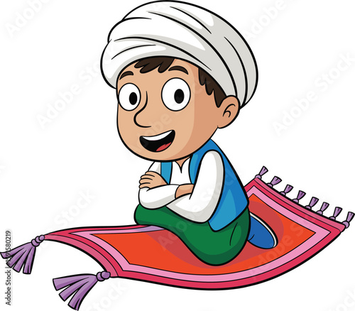 PrintCute cartoon boy in turban riding magic flying carpet, smiling face, vector illustration for kids, fantasy adventure, Arabian design
