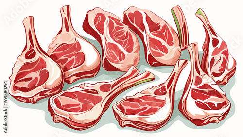 Raw lamb chops with clean bones, arranged neatly on a white background. Marbled texture and fresh pink hue show high quality. Perfectly suited for elegant butcher shop or recipe vector illustration.