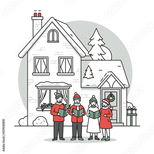 A carol singing quartet serenades a snow-covered house during a festive Christmas scene.