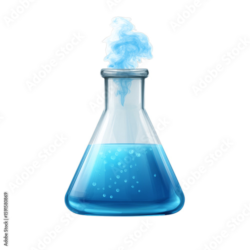 Erlenmeyer flask icon with blue vapor. Isolated white background. Png format