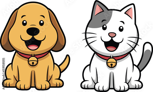 PrintCute cartoon dog and cat illustration, happy pets, adorable animal vector, pet lovers graphic, smiling puppy kitty art design