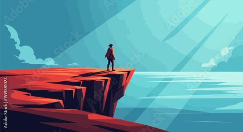 Cliff Edge Vector of a person standing on a rugged cliff edge, looking out over a vast, serene ocean horizon, symbolizing contemplation and adventure.