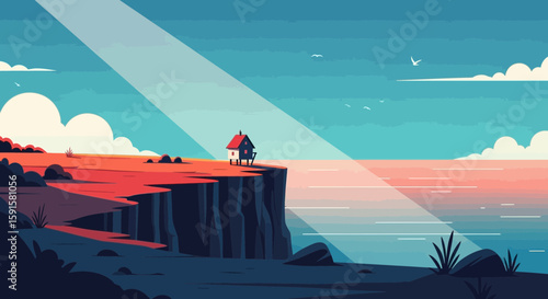 Cliff Edge Vector of a charming small house perched precariously on a cliff edge overlooking the ocean, illuminated by a dramatic ray of light.