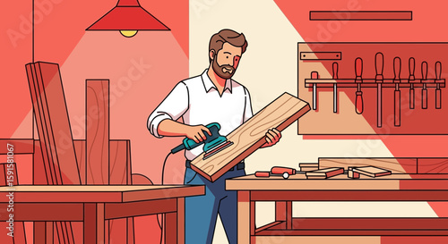 Cliff Edge Vector of a man sanding wood with an electric sander in a workshop, illustrating a hobbyist or craftsman engaged in carpentry.