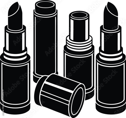 Isolated vector illustration of a red lipstick set, a cosmetic beauty object, oral, lip stick case, lip color, lips stick packaging