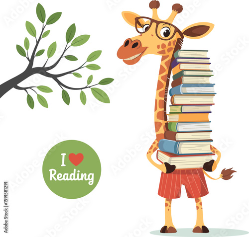 PrintCute cartoon giraffe, wearing glasses, holding books, reading theme, children’s education, jungle background, playful illustration, I love reading
