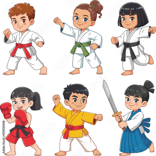 Cute cartoon kids in martial arts, karate, boxing, kendo uniform, colorful belts, energetic pose, character design, fun sport, training