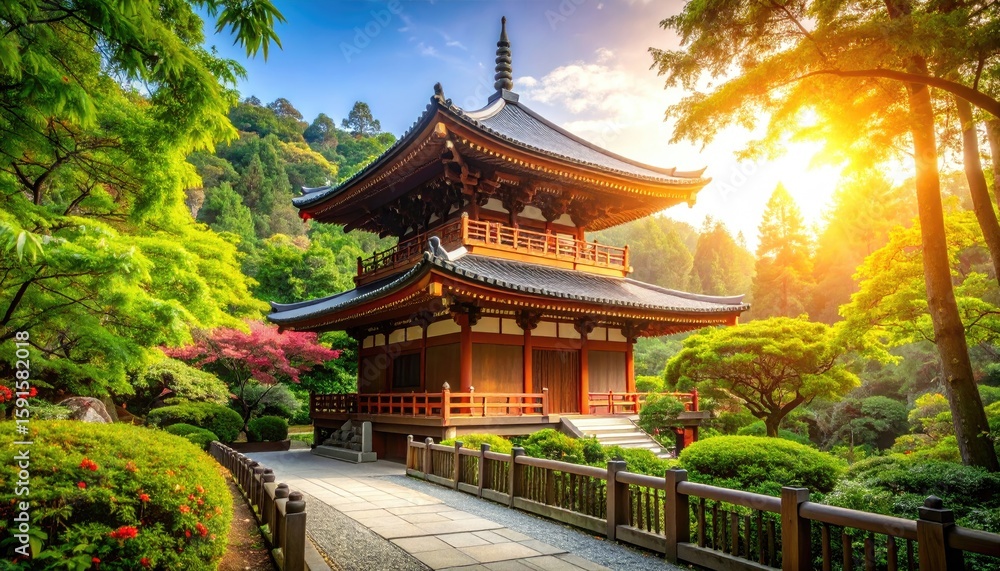 Serene Asian temple in a vibrant garden bathed in sunlight Serene Asian temple in a vibrant garden bathed in sunlight