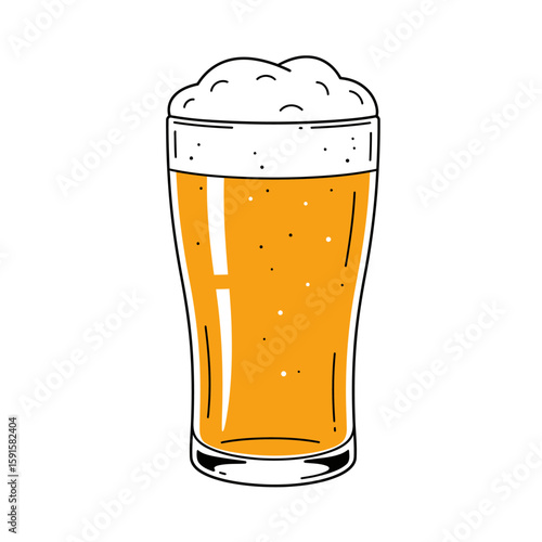 Illustration of a tall glass filled with golden beer and foamy head.