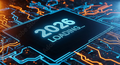 Futuristic microchip design with 2026 loading message represents technology advancements