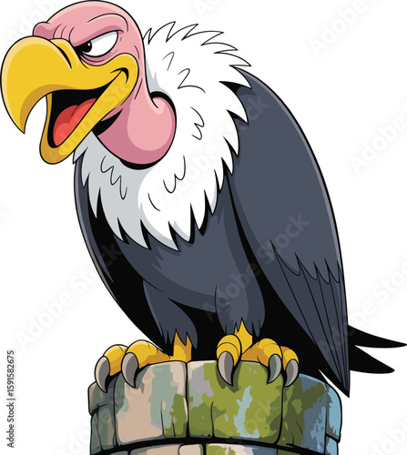 PrintFunny cartoon vulture perched on stone pillar, grumpy expression, big yellow beak, black feathers, vector illustration, character design art