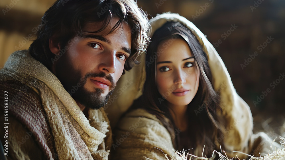 Obraz premium Mary and Joseph sit beside a manger in Bethlehem. They are surrounded by hay and animals, depicting the biblical story of the birth of Jesus Christ.